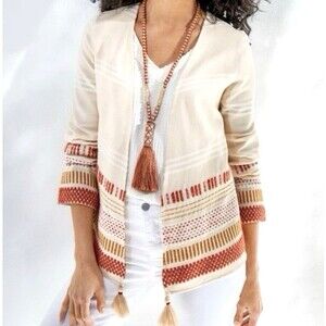 Soft Surroundings Cardigan Womens XL Juliet Woven Tassel Topper Jacket Beige NWT